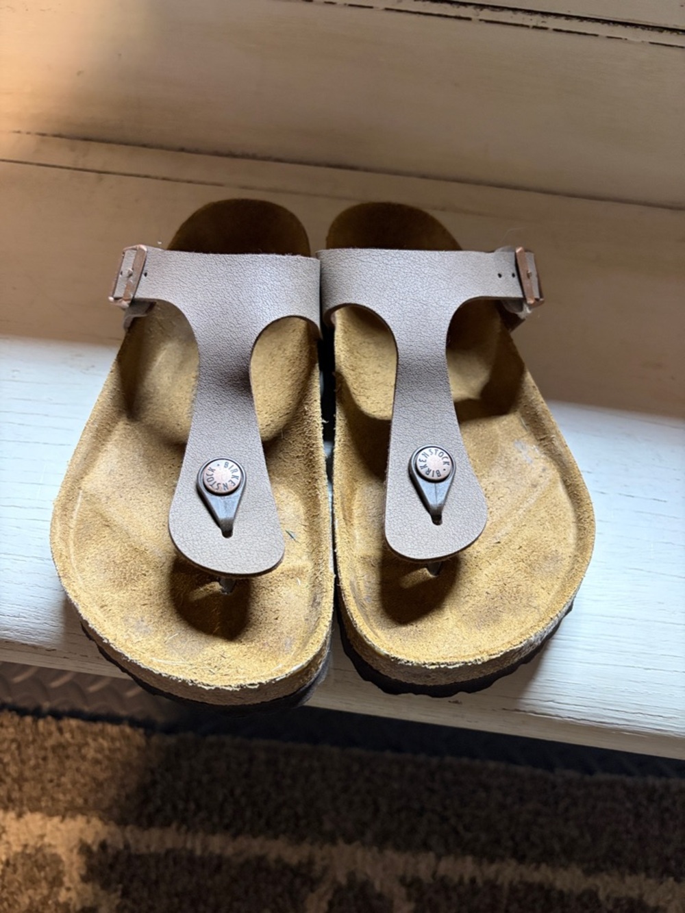 Birkenstock Taupe Thong Sandals with Mustard Suede Footbed